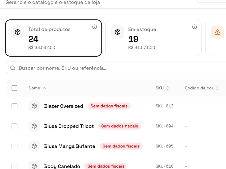 Lista de produtos com estoque, preço e status