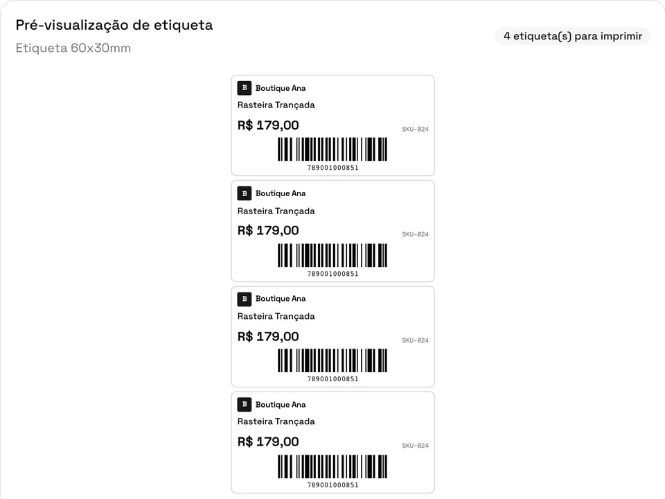 Tela de etiquetas com pré-visualização do código de barras