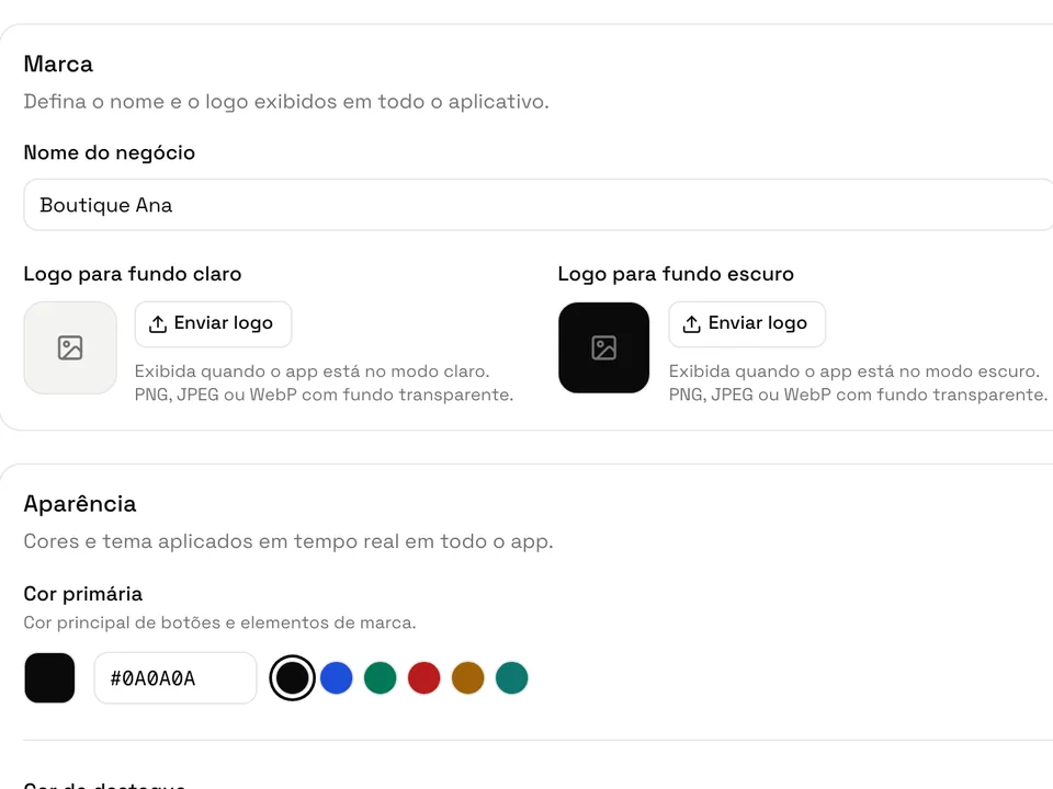 Configurações de marca: nome, logo e cores da loja
