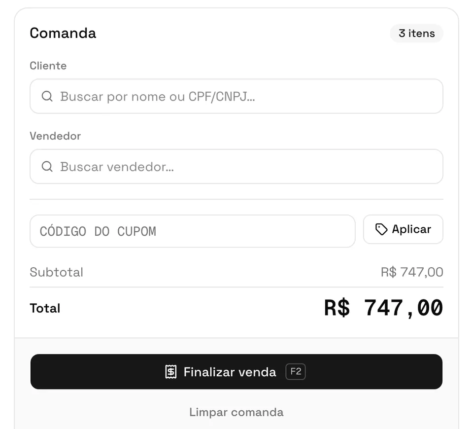 Comanda do PDV com três itens e total da venda