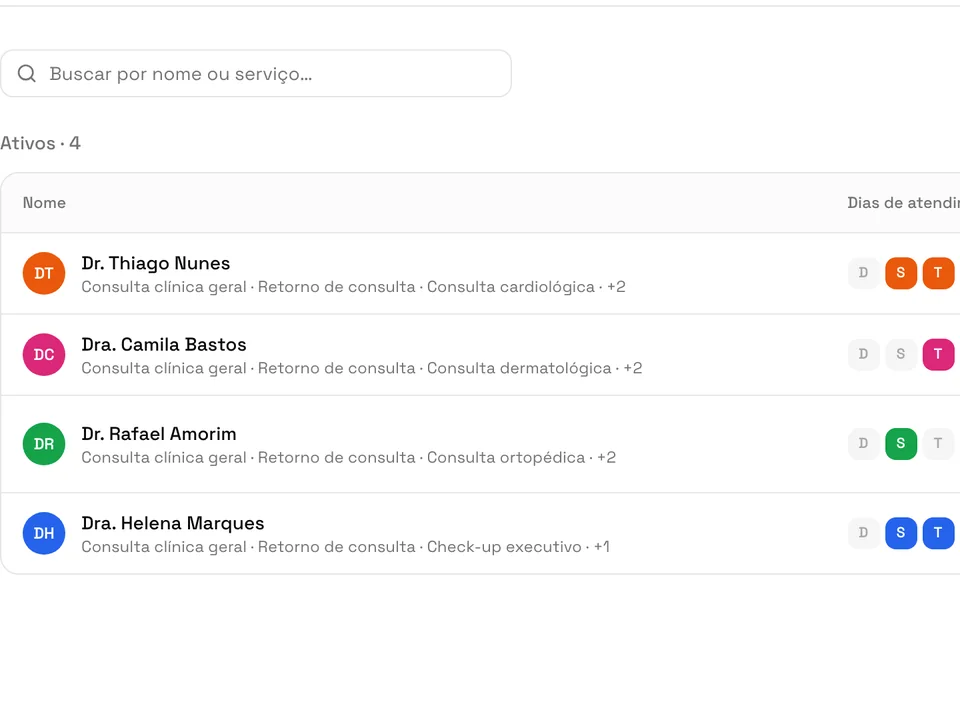 Lista de profissionais com dias e horários de atendimento